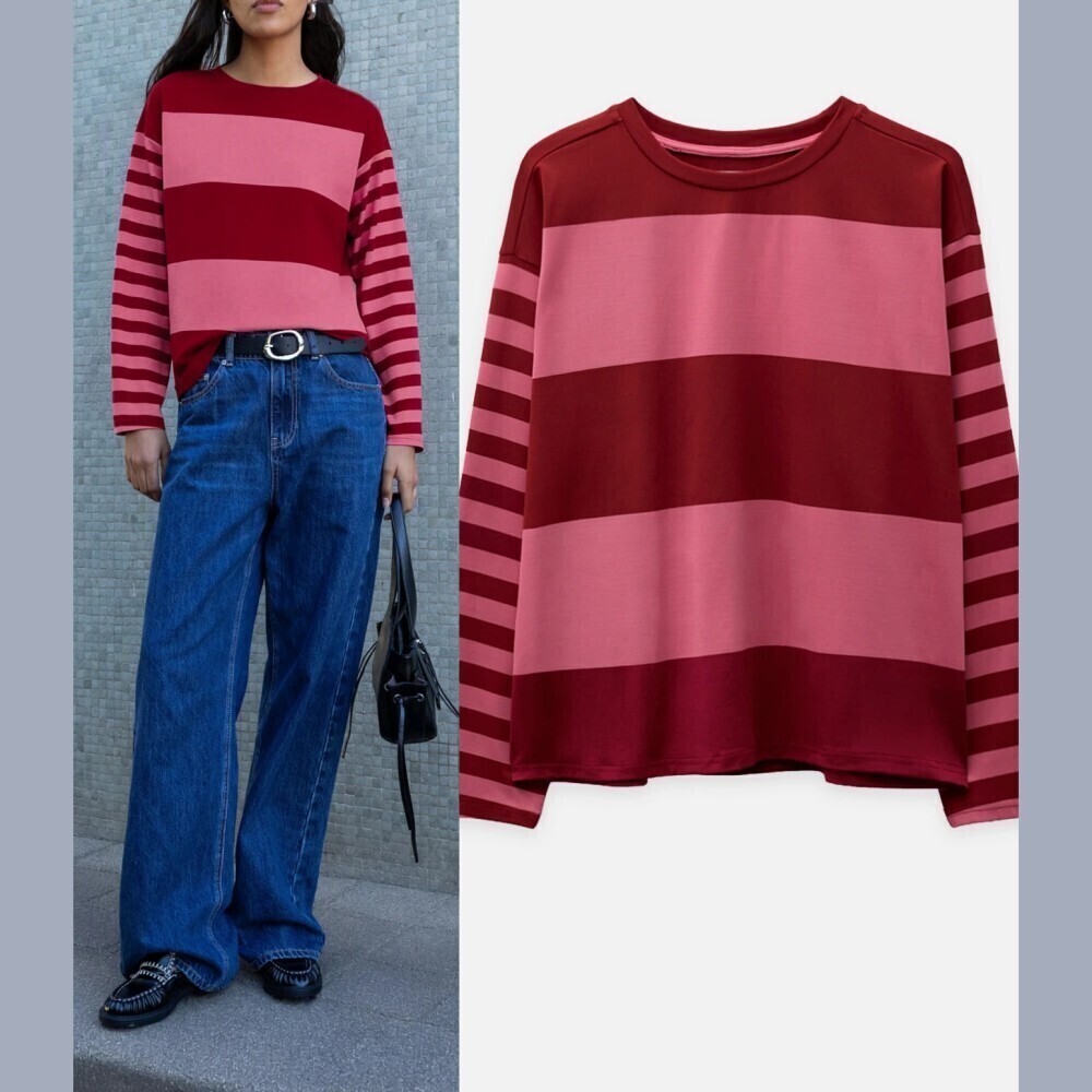 Burgundy / Pink Color Block Multi-Striped Sleeve Long Knit Tee Top